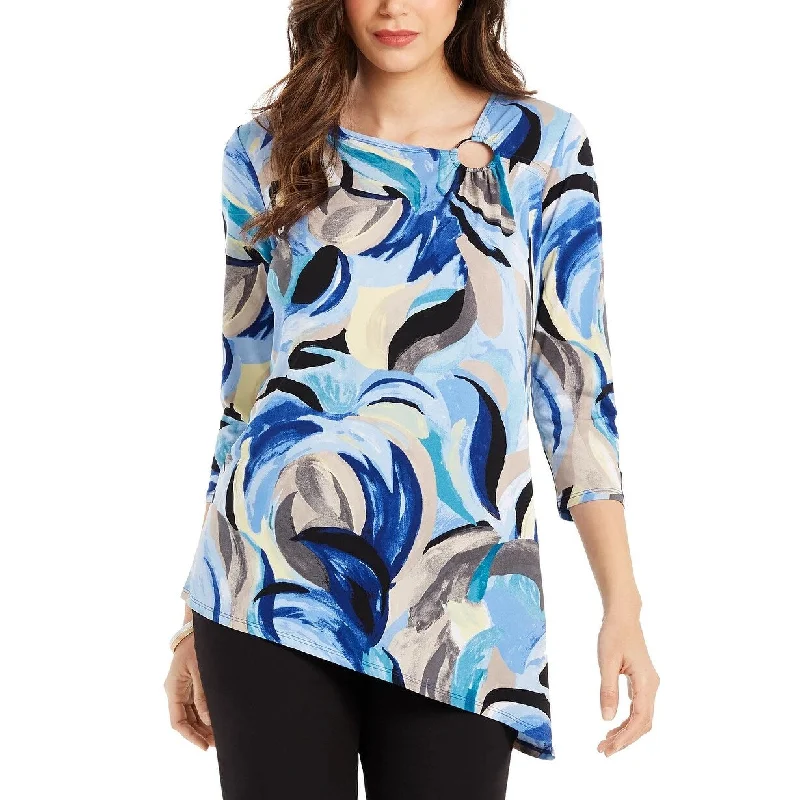 JM Collection Women's Printed Asymmetrical Hem Tunic Top Blue Size Small